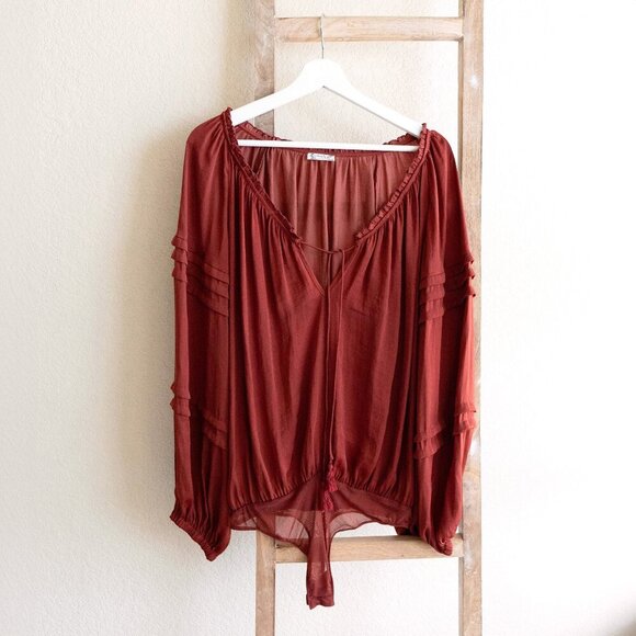 FREE PEOPLE ALL TUCKS BODYSUIT SZ L TERRACOTTA PEASANT RUFFLES TASSELS BOHO - Picture 1 of 8